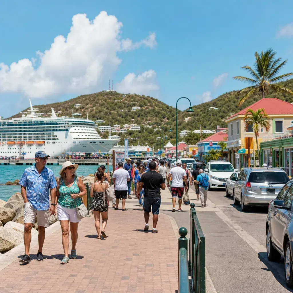 Realistic editorial photo of St. Maarten cruise port waterfront with visitors, local streets, and ship-day energy, warm