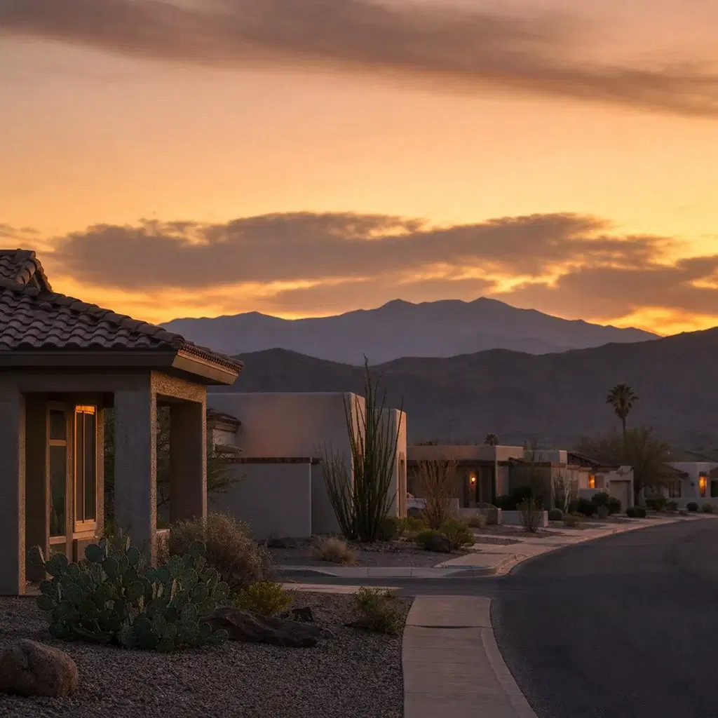 Fresh square editorial photo of a small Arizona retirement community at dusk with sparse desert landscaping, quiet streets, d