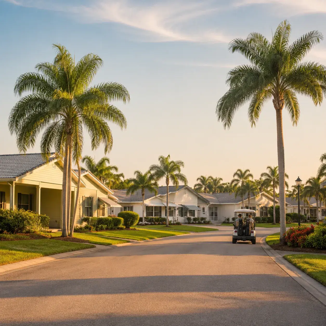 Realistic editorial photo of a Gulf Coast Florida retirement golf community with modest homes, palm trees, a quiet stree