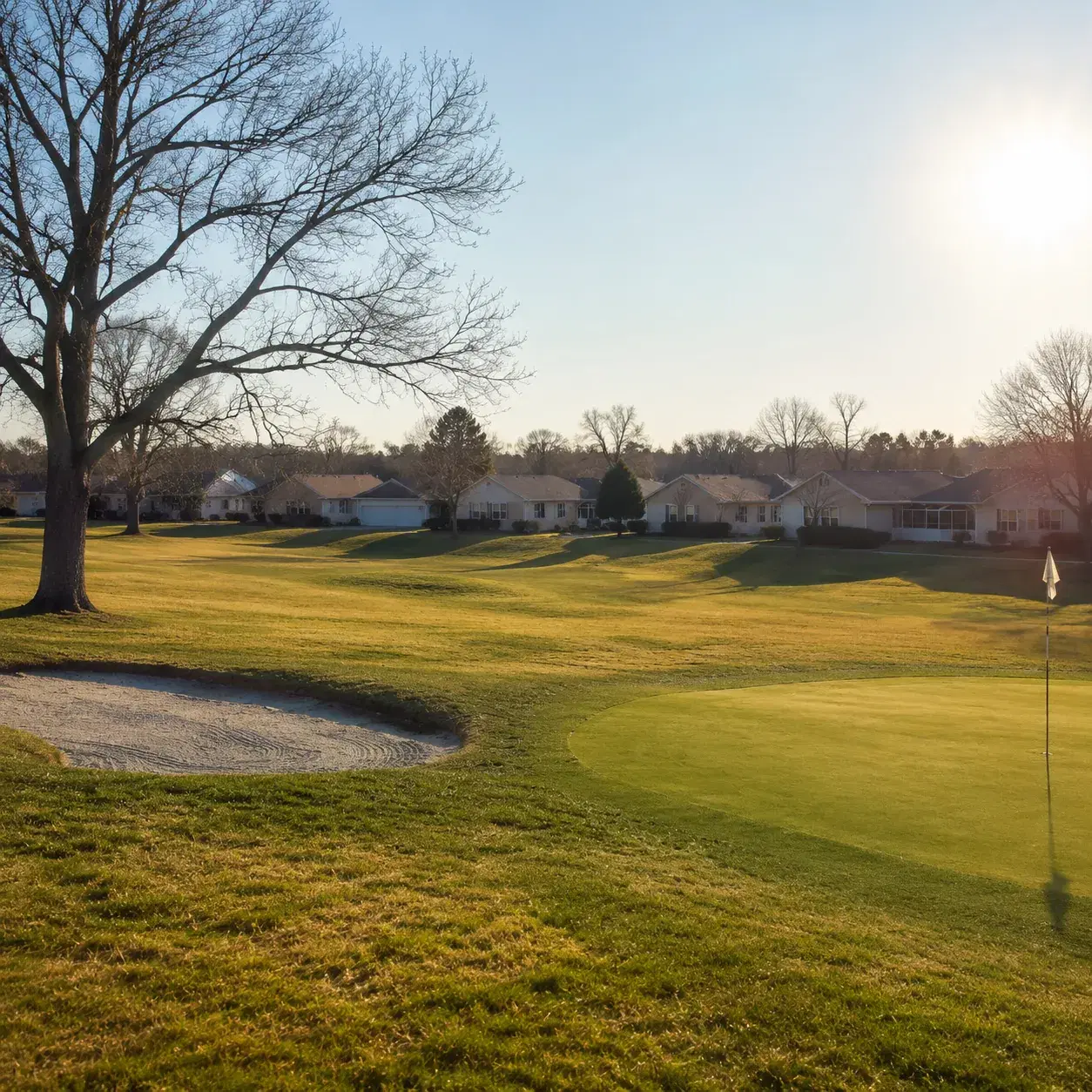 Realistic editorial photo of a Lakewood New Jersey retirement golf community with ranch homes, trees, fairway grass, and