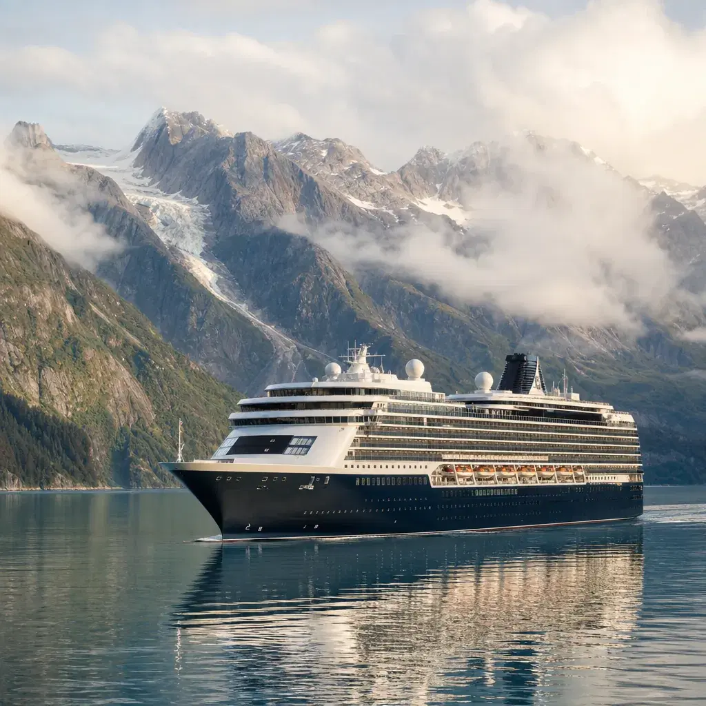 Realistic editorial photo of Alaska cruise scene showing smooth seas every day, misty mountains and ship details, warm n