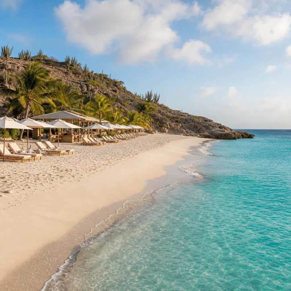 Realistic editorial photo of Aruba beach scene showing all beaches have facilities, dry island light and turquoise water