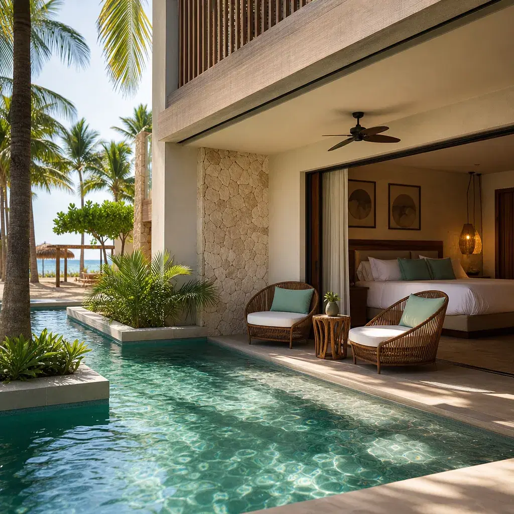 Realistic editorial photo of Mexico resort scene showing a swim-up room on a shaded ground floor, beach resort setting, 