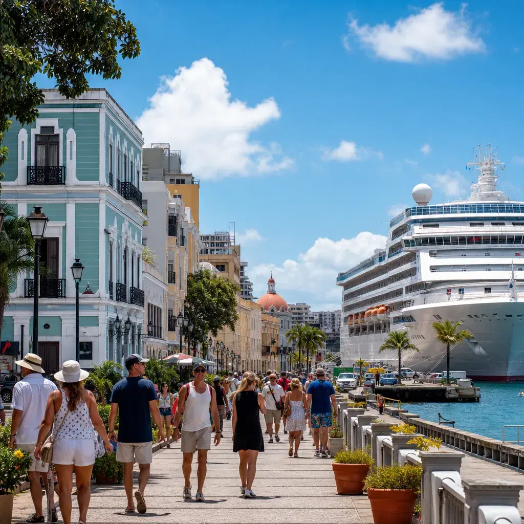 Realistic editorial photo of San Juan, Puerto Rico cruise port waterfront with visitors, local streets, and ship-day ene