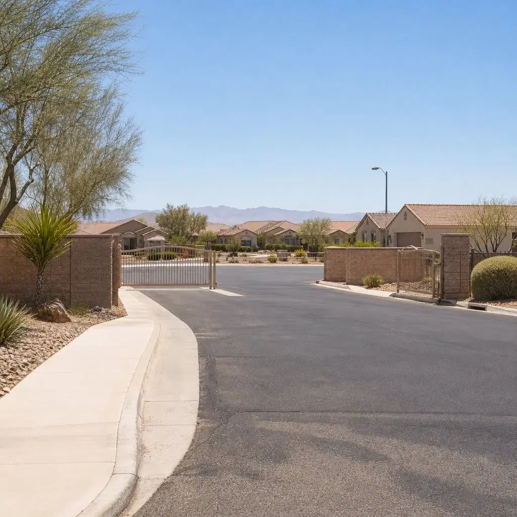 Fresh square editorial photo of an age-restricted Arizona community entrance in midday heat with dry flat landscape, dust haz