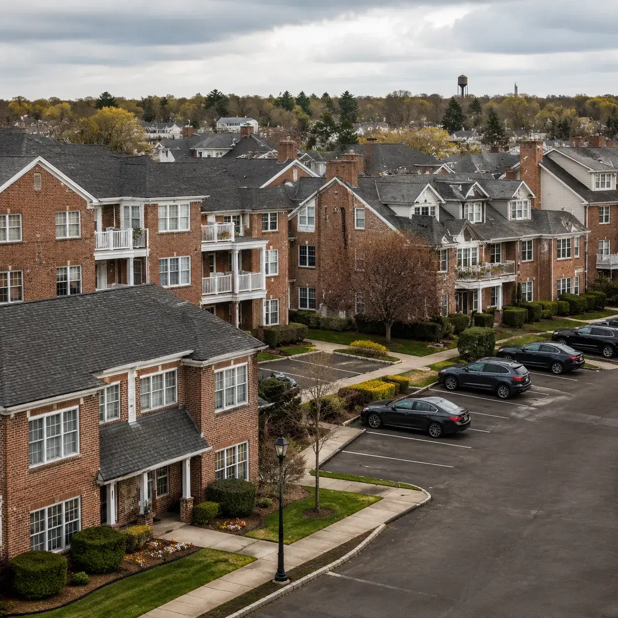 Realistic editorial photo of a dense Nassau County 55 plus condo community with brick buildings, parking area, train-tow