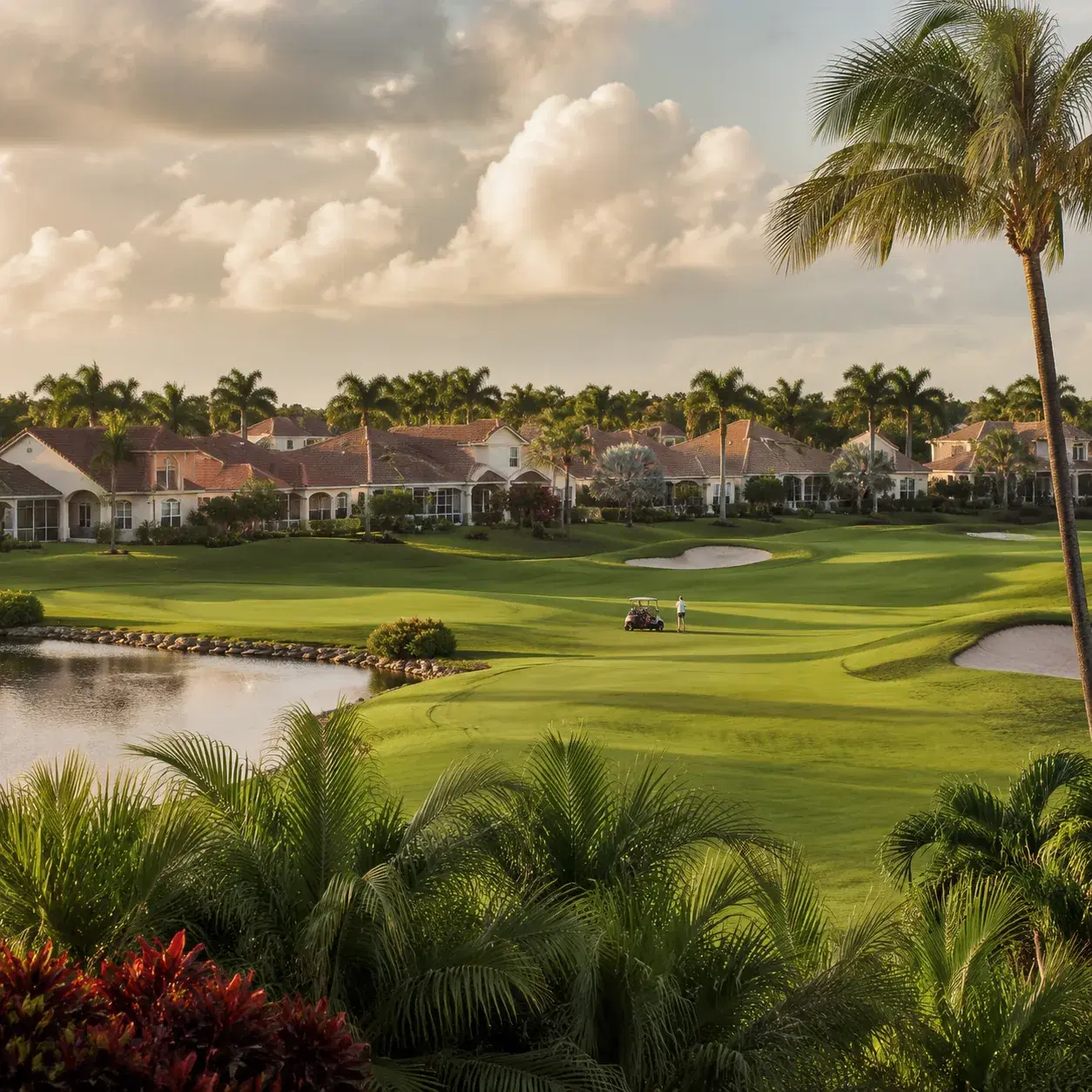 Realistic editorial photo of a South Florida country club retirement neighborhood with golf fairway, tile-roof homes, pa