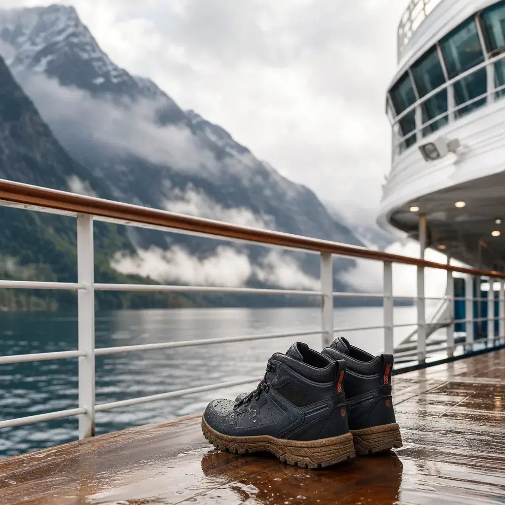 Realistic editorial photo of Alaska cruise scene showing waterproof shoes, misty mountains and ship details, warm natura