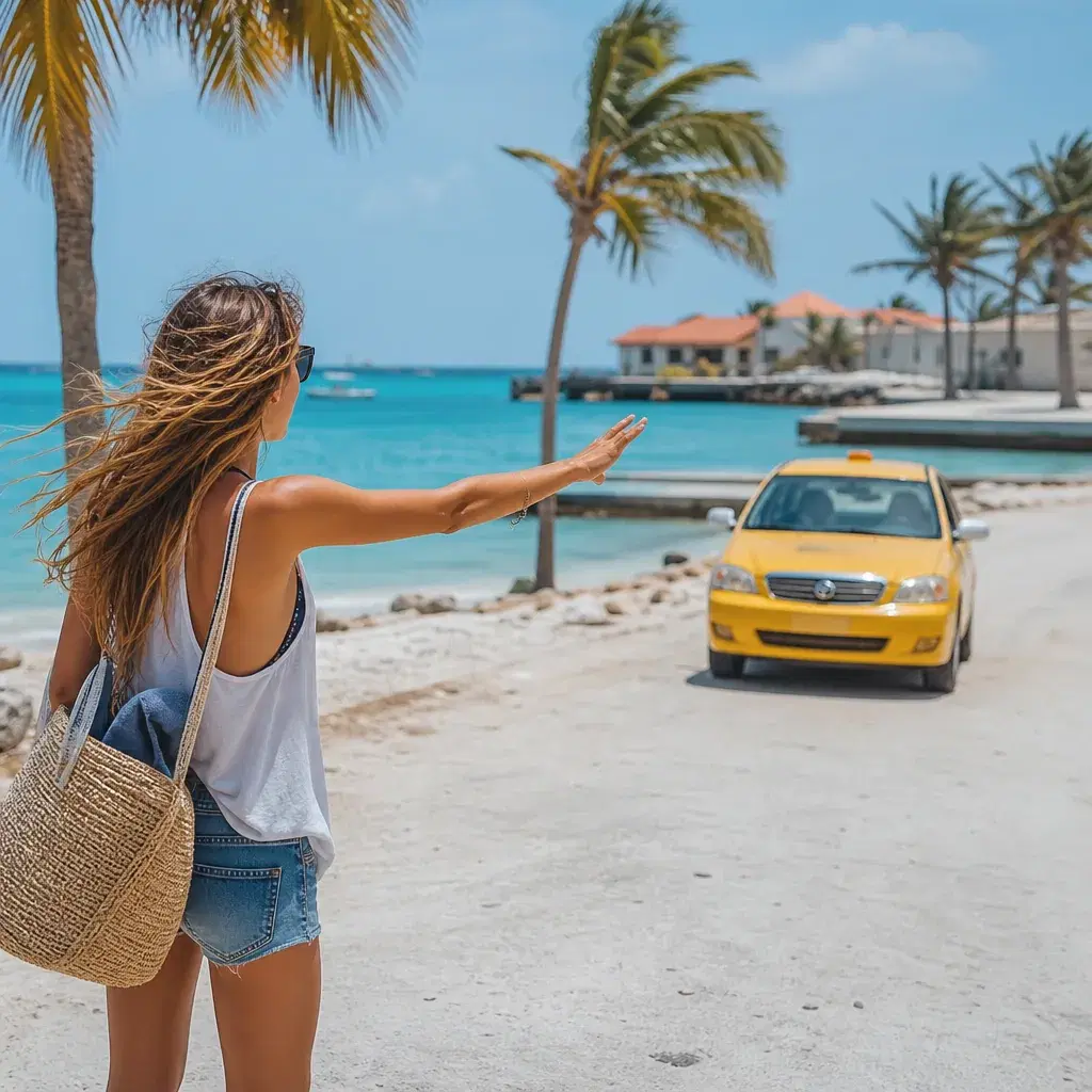 Realistic editorial photo of Aruba beach scene showing not budgeting for taxis, dry island light and turquoise water, wa