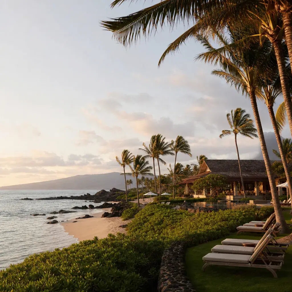 Realistic editorial photo of Hawaii resort scene showing remote resort for a three-night trip, tropical beach setting, w