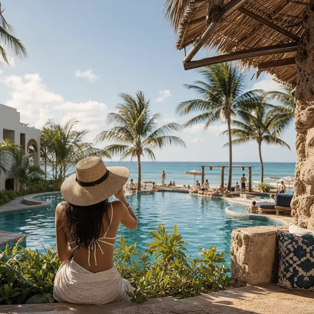 Realistic editorial photo of Mexico resort scene showing a holiday week for value, beach resort setting, warm natural li
