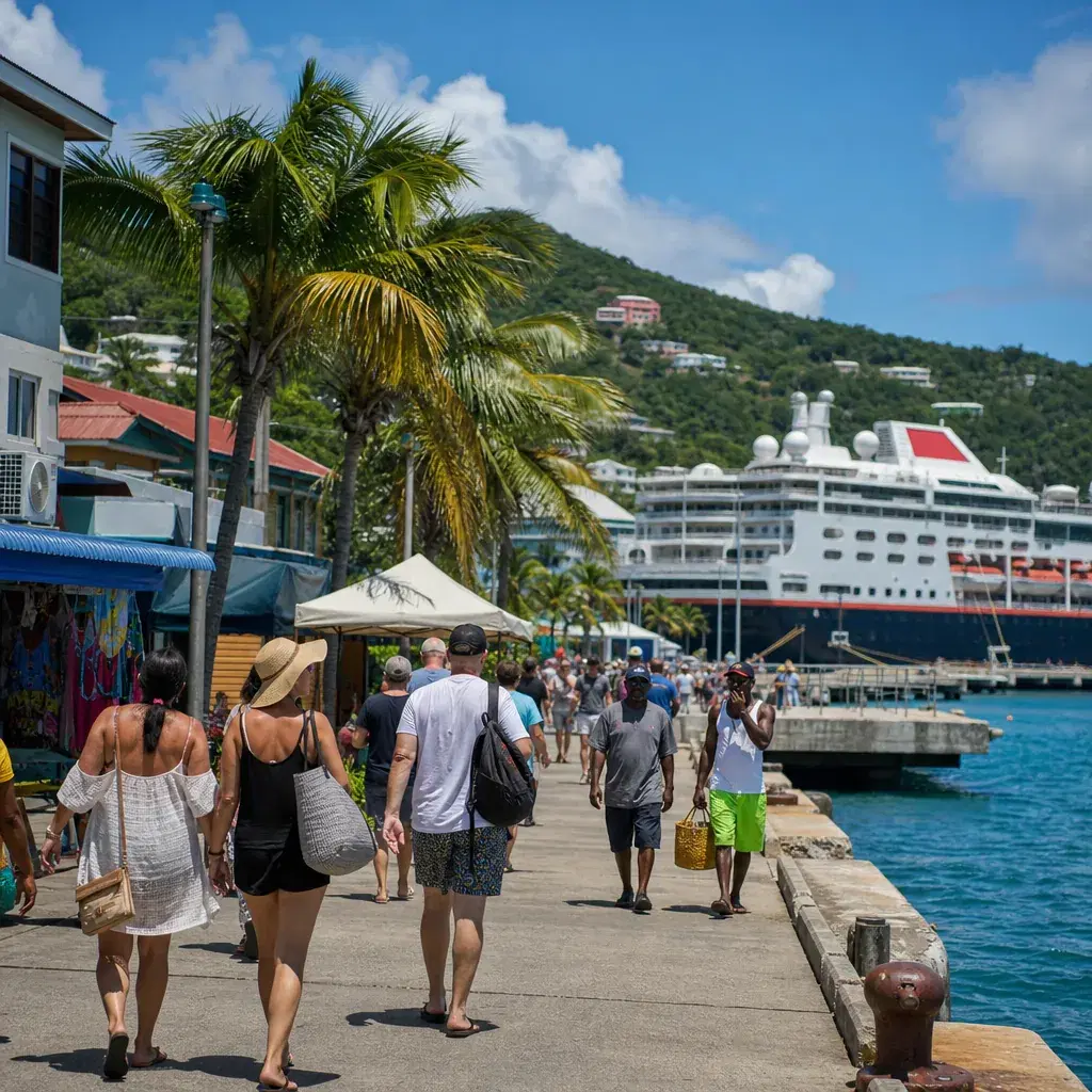 Realistic editorial photo of Tortola, British Virgin Islands cruise port waterfront with visitors, local streets, and sh
