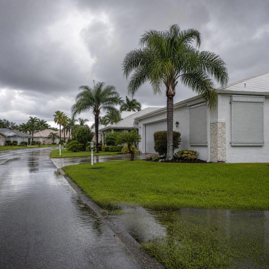Fresh square editorial photo of a Florida retirement community street after heavy rain with waterlogged lawns, grey stormy sk