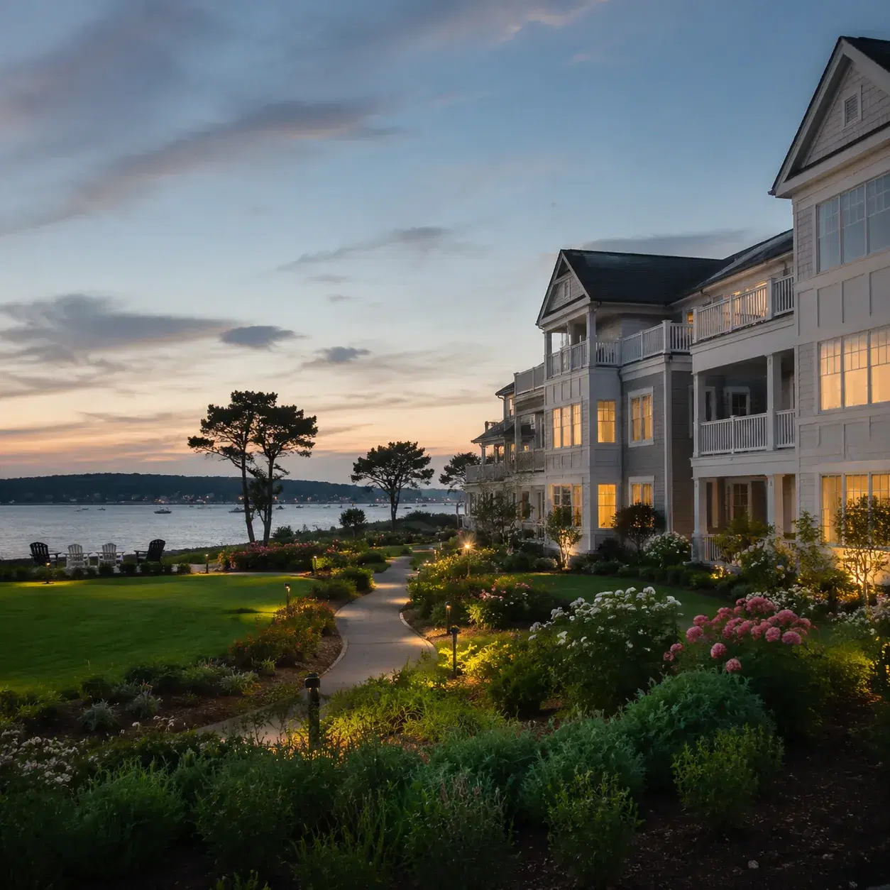 Realistic editorial photo of a North Fork continuing care retirement campus near water with senior apartments, gardens,