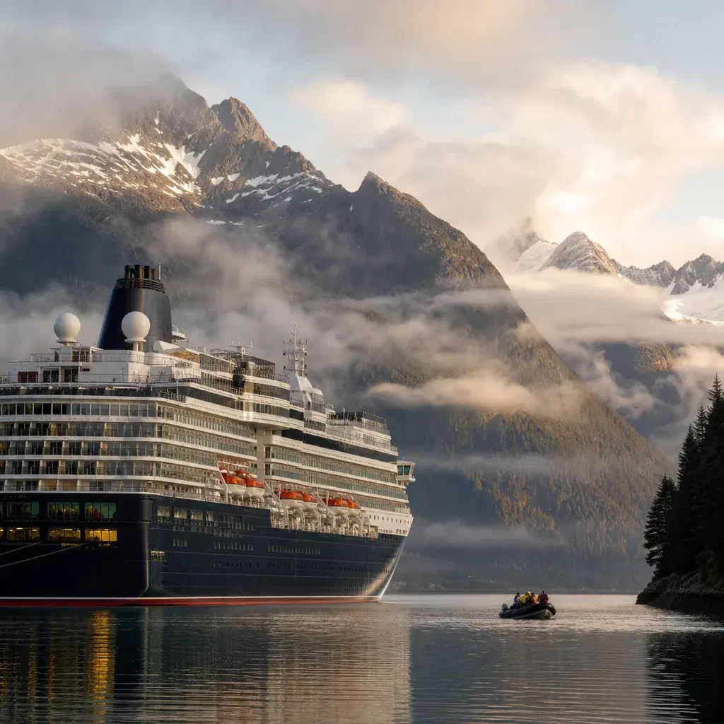 Realistic editorial photo of Alaska cruise scene showing cruisetour without checking pace, misty mountains and ship deta