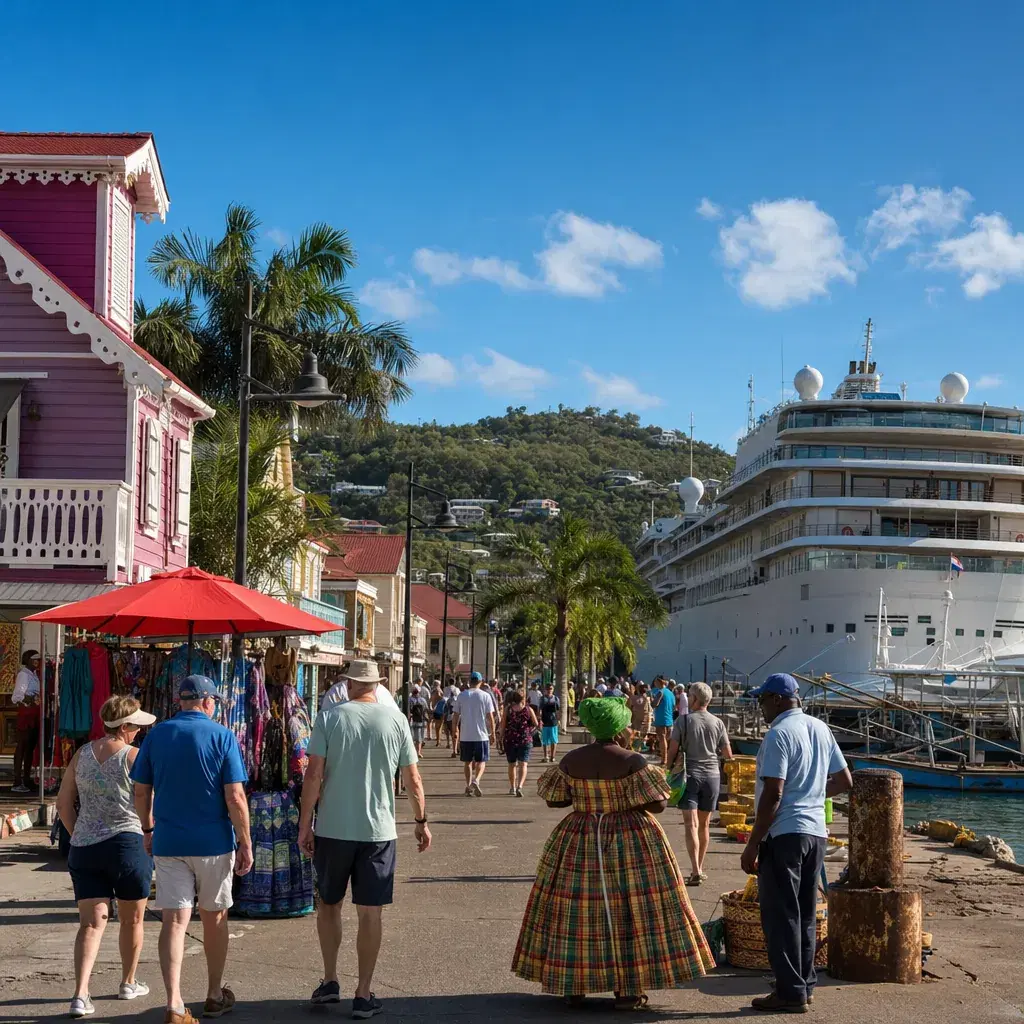 Realistic editorial photo of Antigua cruise port waterfront with visitors, local streets, and ship-day energy, warm natu