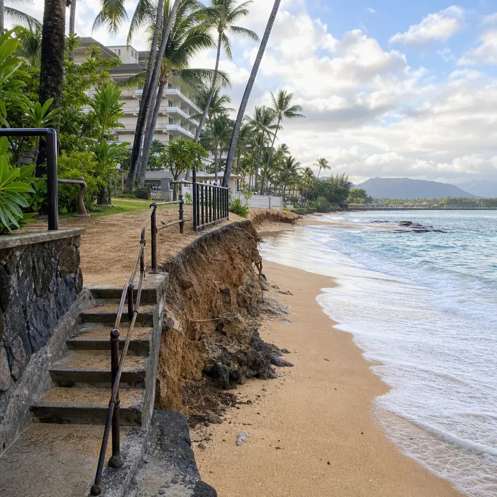 Realistic editorial photo of Hawaii resort scene showing beach erosion and access issues, tropical beach setting, warm n