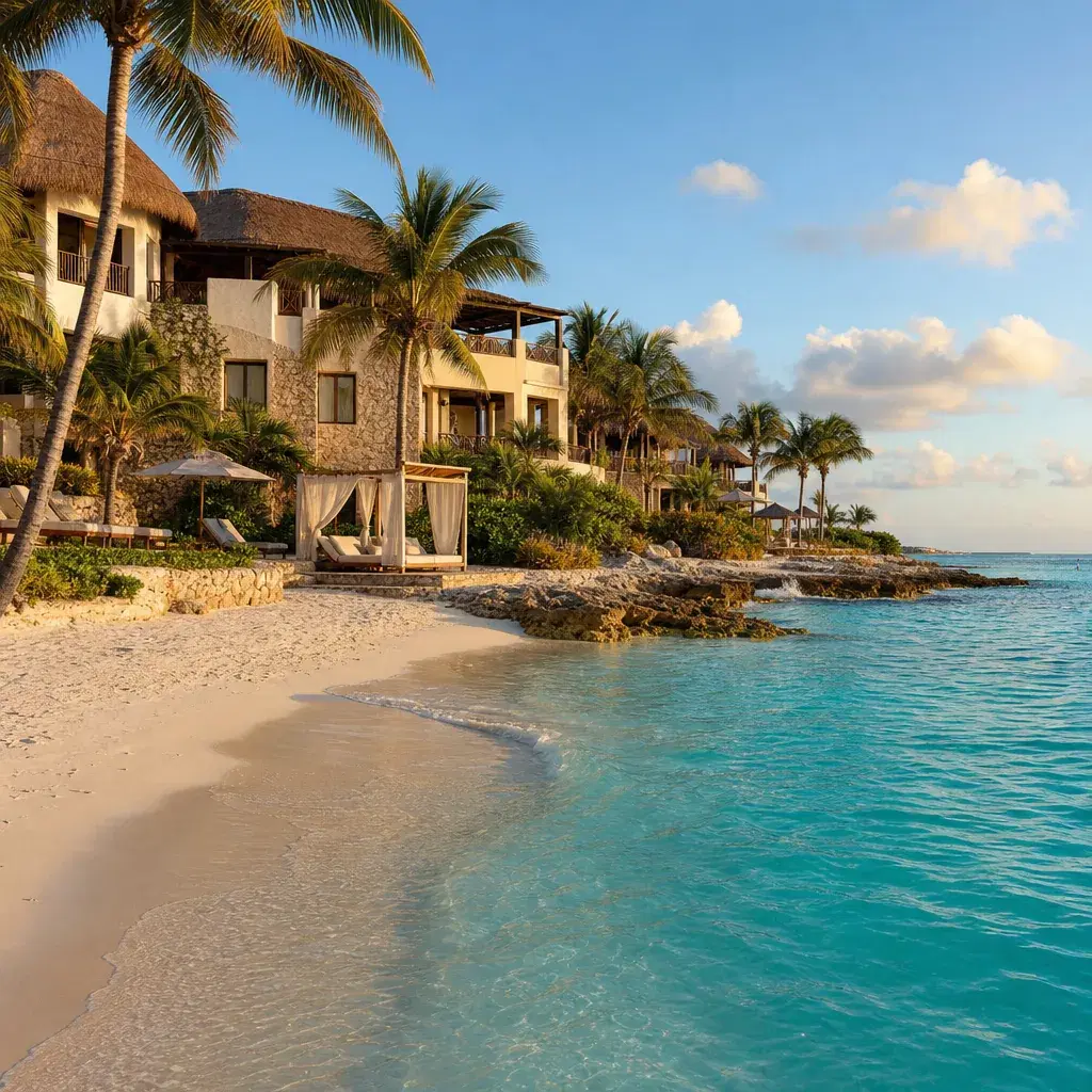 Realistic editorial photo of Mexico resort scene showing every riviera maya beach is clear and calm, beach resort settin