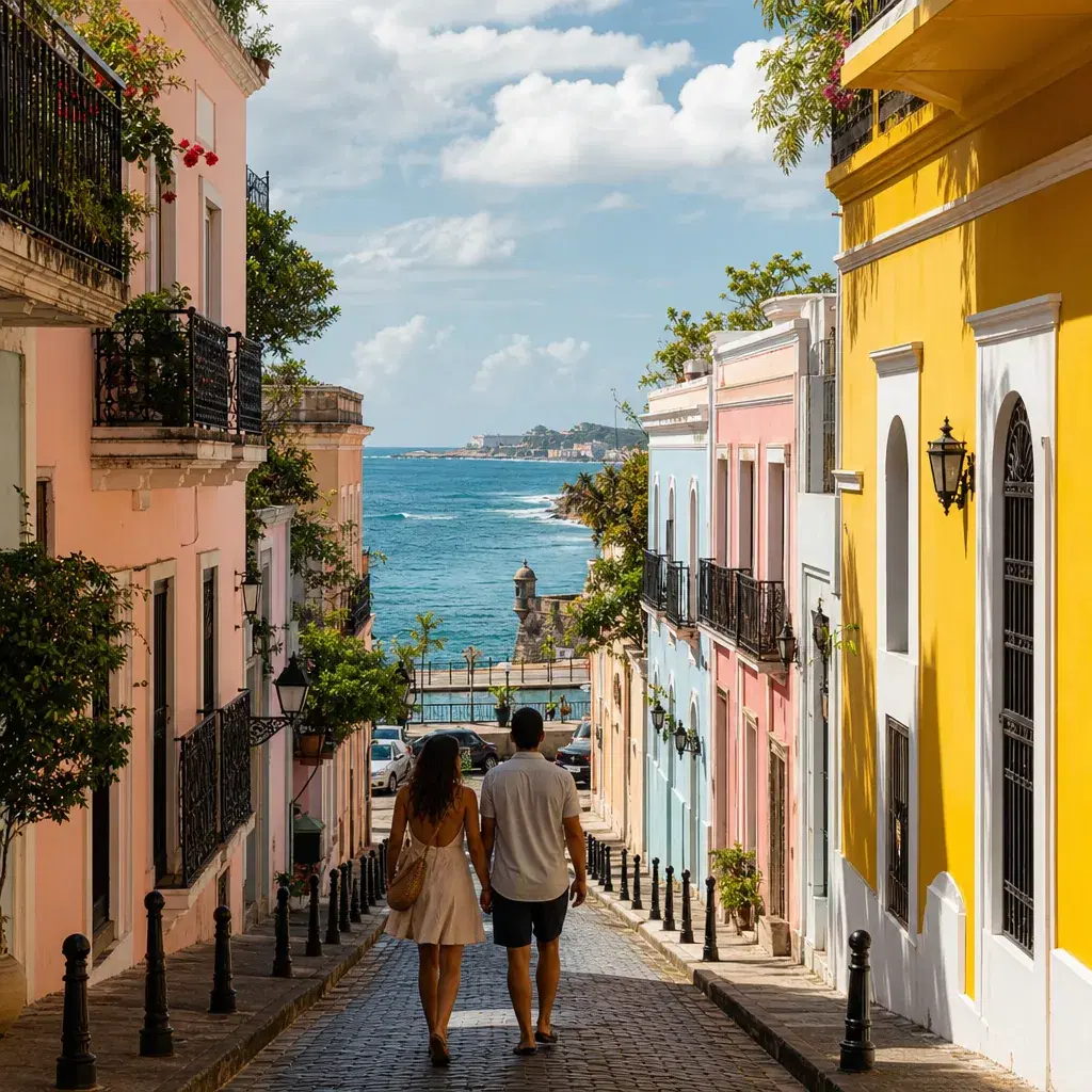 Realistic editorial photo of Puerto Rico travel scene showing mainland day trip over an island overnight, colorful stree