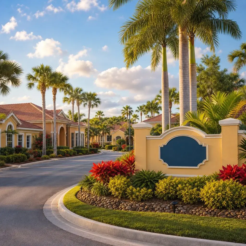 Fresh square editorial photo of a branded tropical-themed retirement resort community exterior with bright colors, polished l