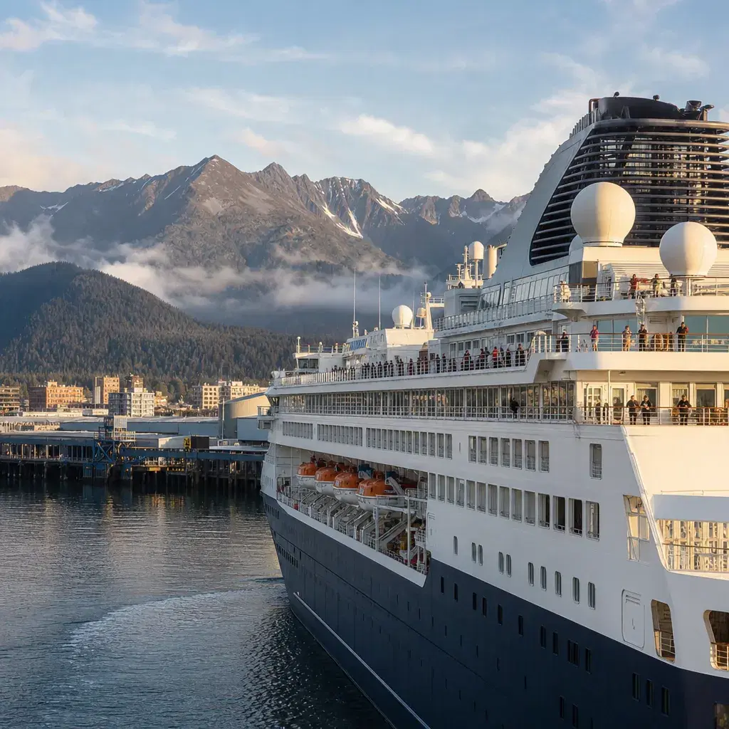 Realistic editorial photo of Alaska cruise scene showing seattle flights too tight, misty mountains and ship details, wa