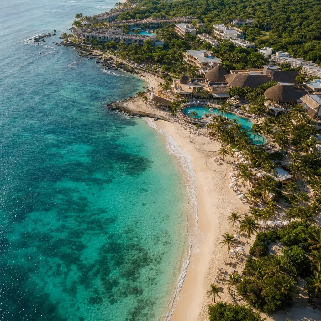 Realistic editorial photo of Mexico resort scene showing resort based only on drone photos, beach resort setting, warm n