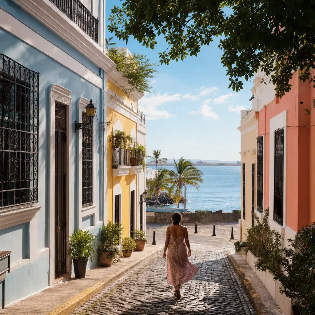Realistic editorial photo of Puerto Rico travel scene showing not checking museum and fort hours, colorful streets and c