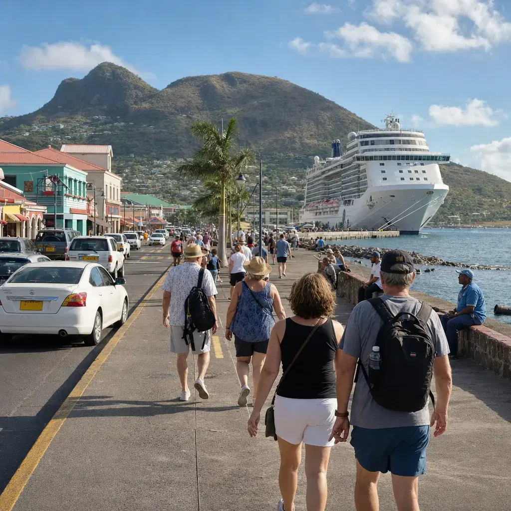 Realistic editorial photo of St. Kitts cruise port waterfront with visitors, local streets, and ship-day energy, warm na