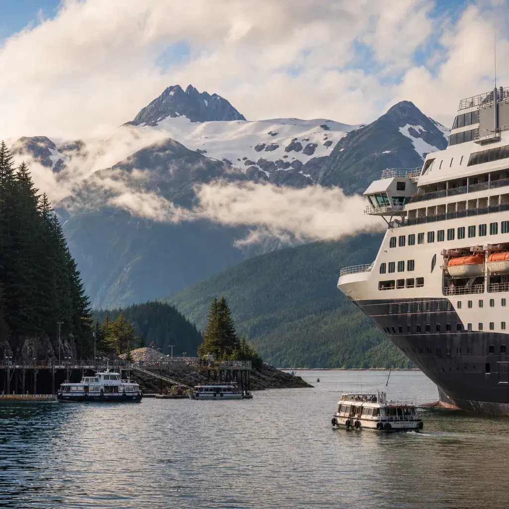 Realistic editorial photo of Alaska cruise scene showing tender ports, misty mountains and ship details, warm natural li
