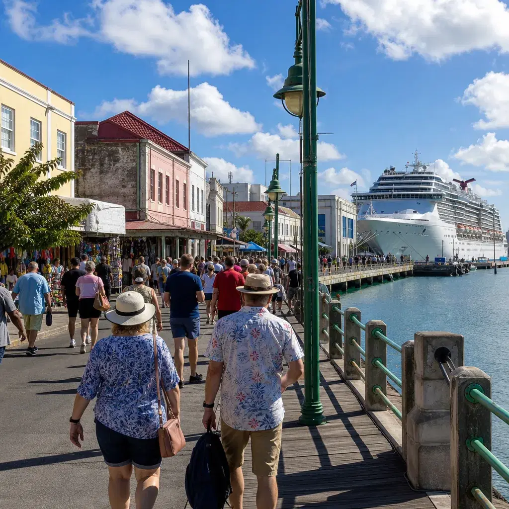 Realistic editorial photo of Barbados cruise port waterfront with visitors, local streets, and ship-day energy, warm nat