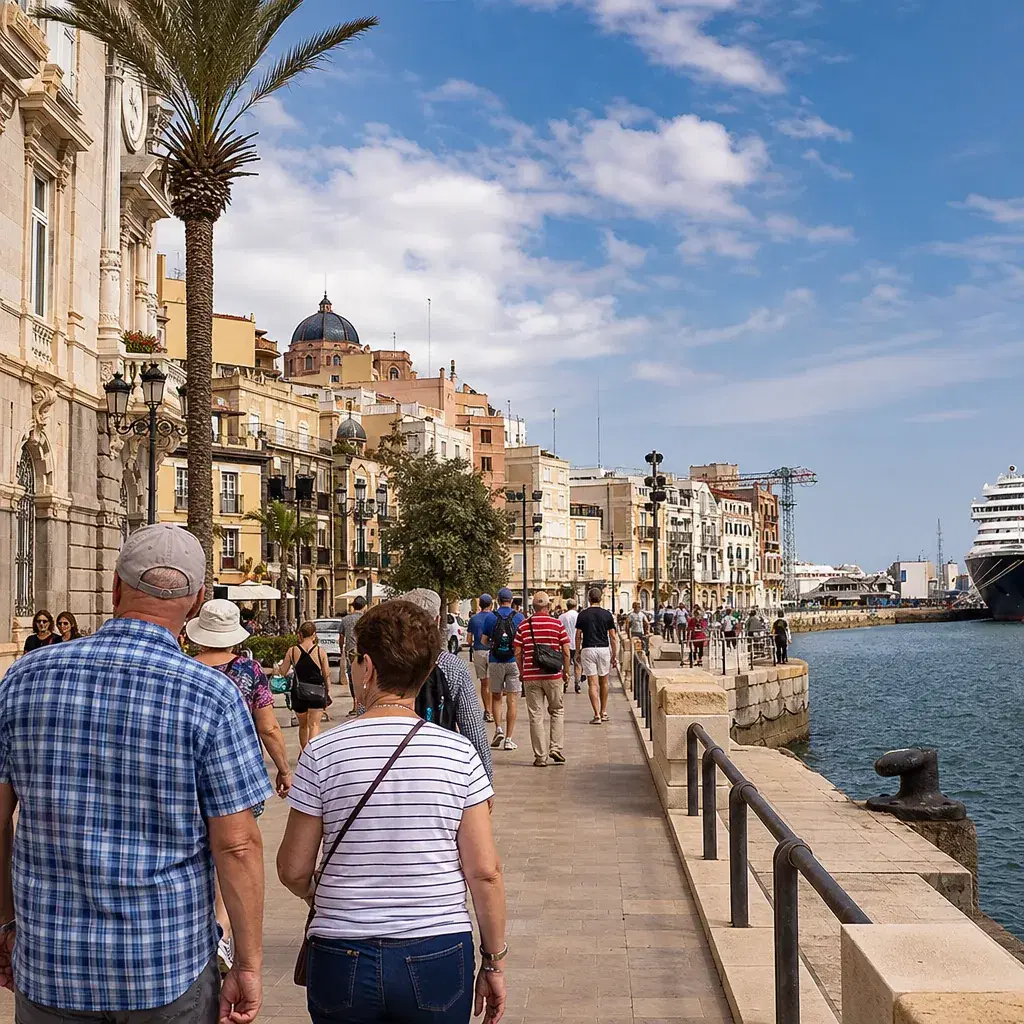 Realistic editorial photo of Cartagena, Spain cruise port waterfront with visitors, local streets, and ship-day energy,