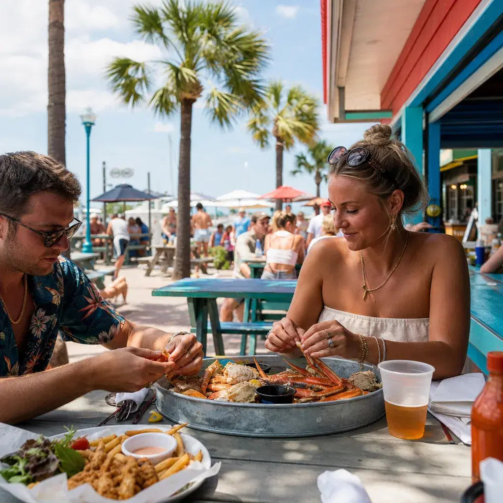Realistic editorial photo of Florida beach vacation scene showing cheap seafood on the main strip, bright coastal settin