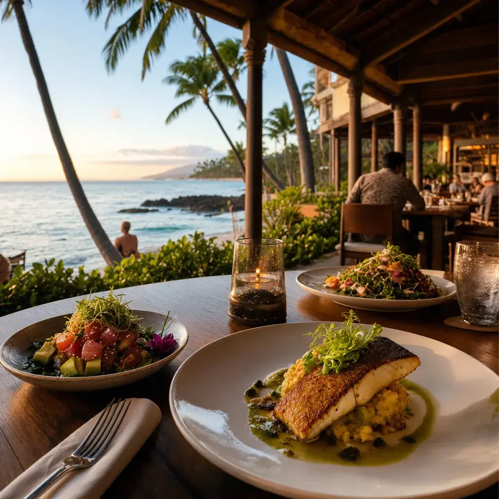 Realistic editorial photo of Hawaii resort scene showing resort restaurants are the best meals, tropical beach setting, 