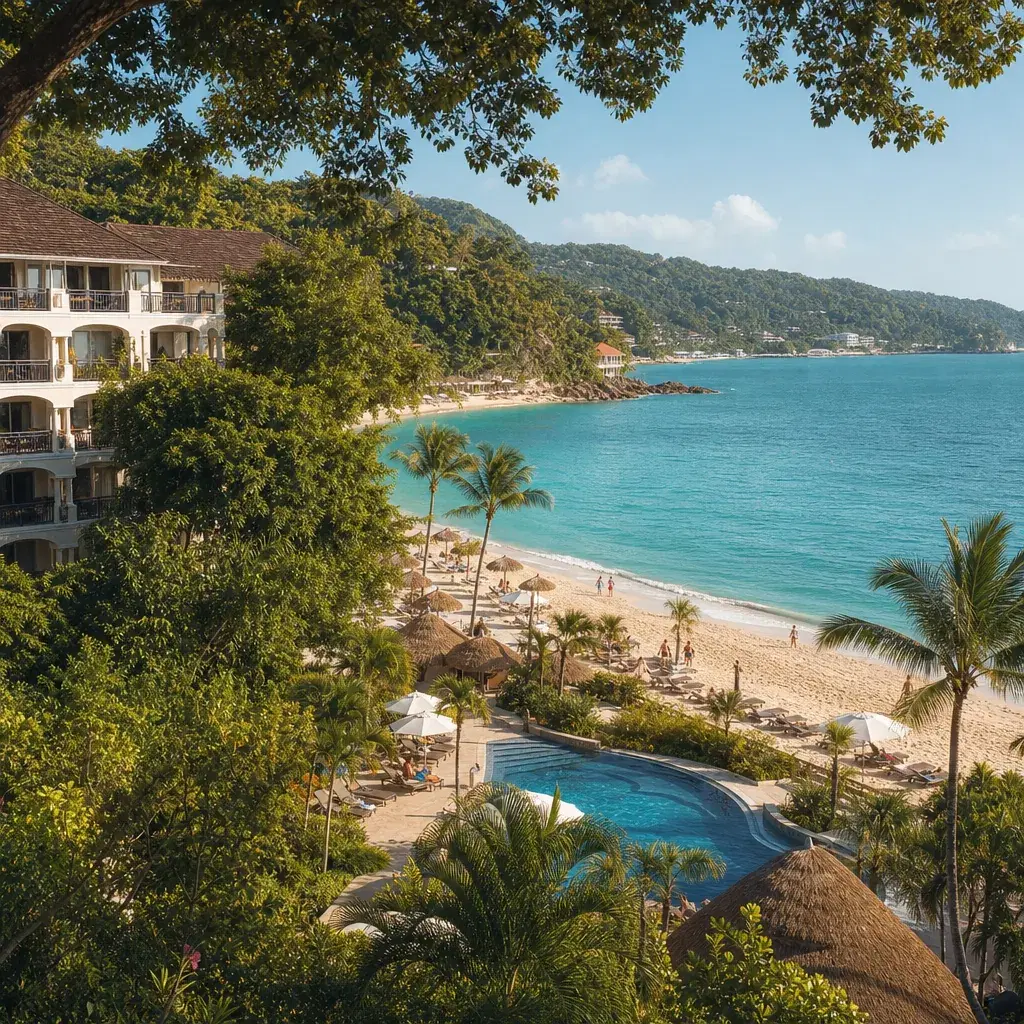 Realistic editorial photo of Jamaica all-inclusive resort scene showing ocean view prices with tree-blocked views, beach
