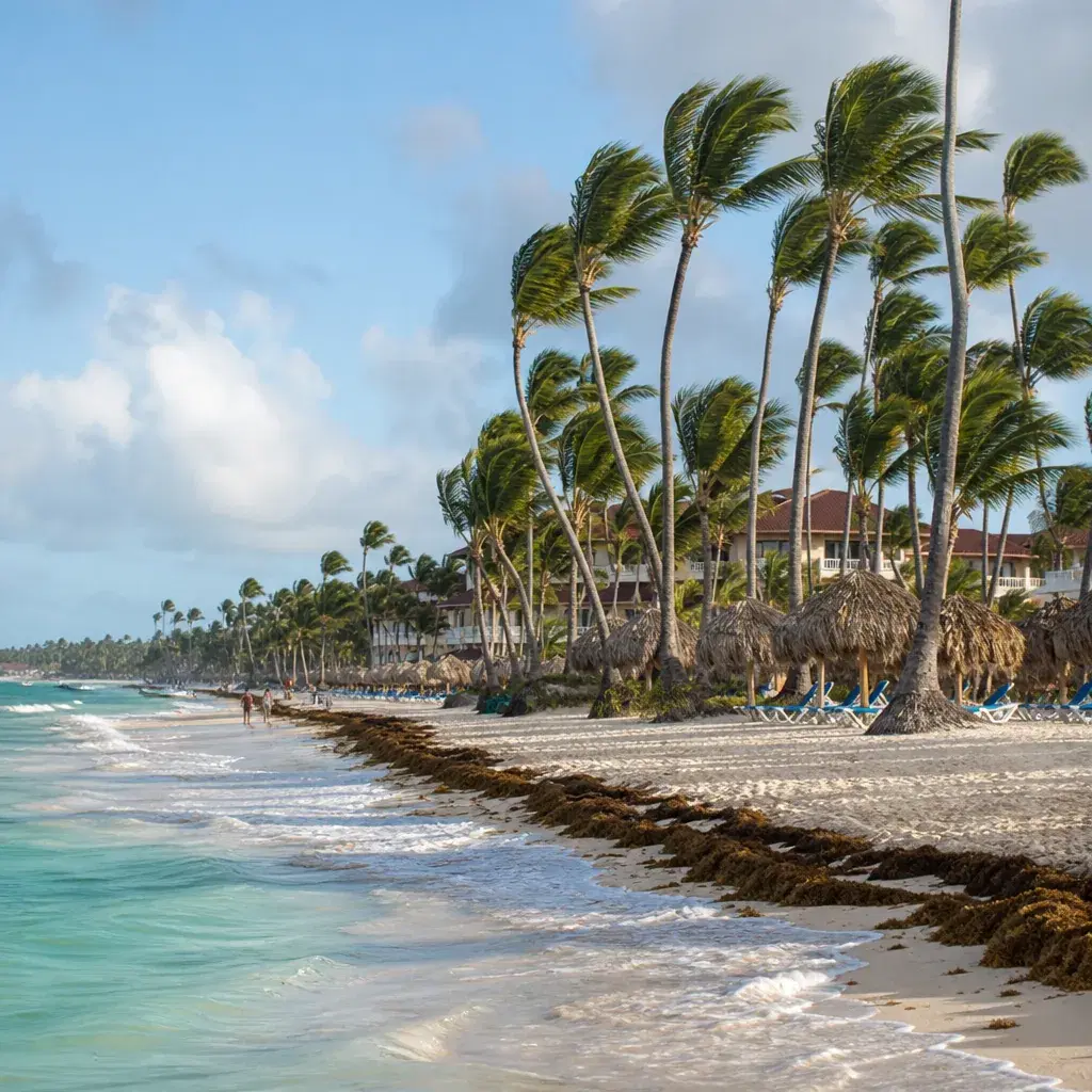 Realistic editorial photo of Punta Cana all-inclusive resort scene showing wrong side for wind and waves, palms and reso