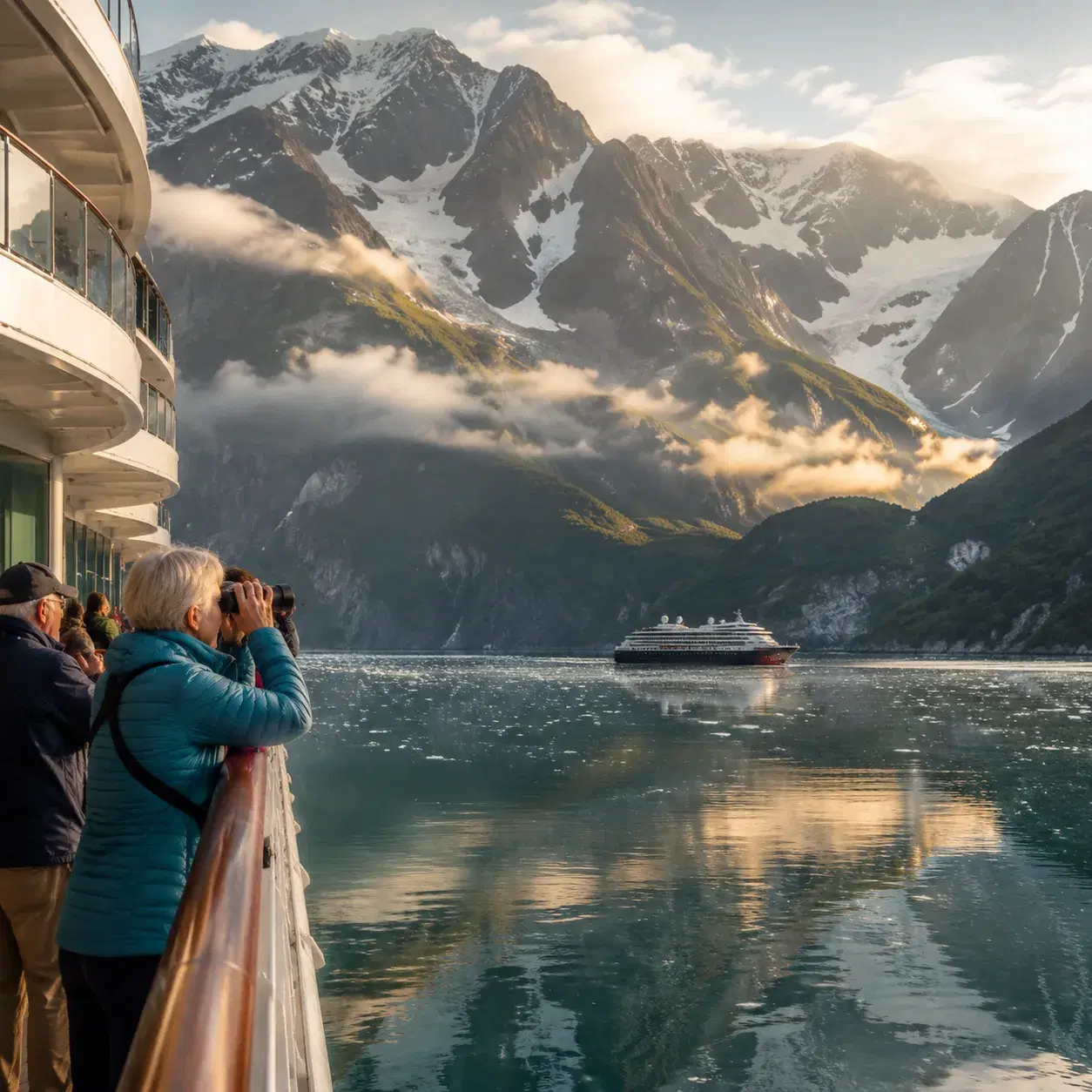 Realistic editorial photo of Alaska cruise scene showing travel insurance on expensive excursions, misty mountains and s