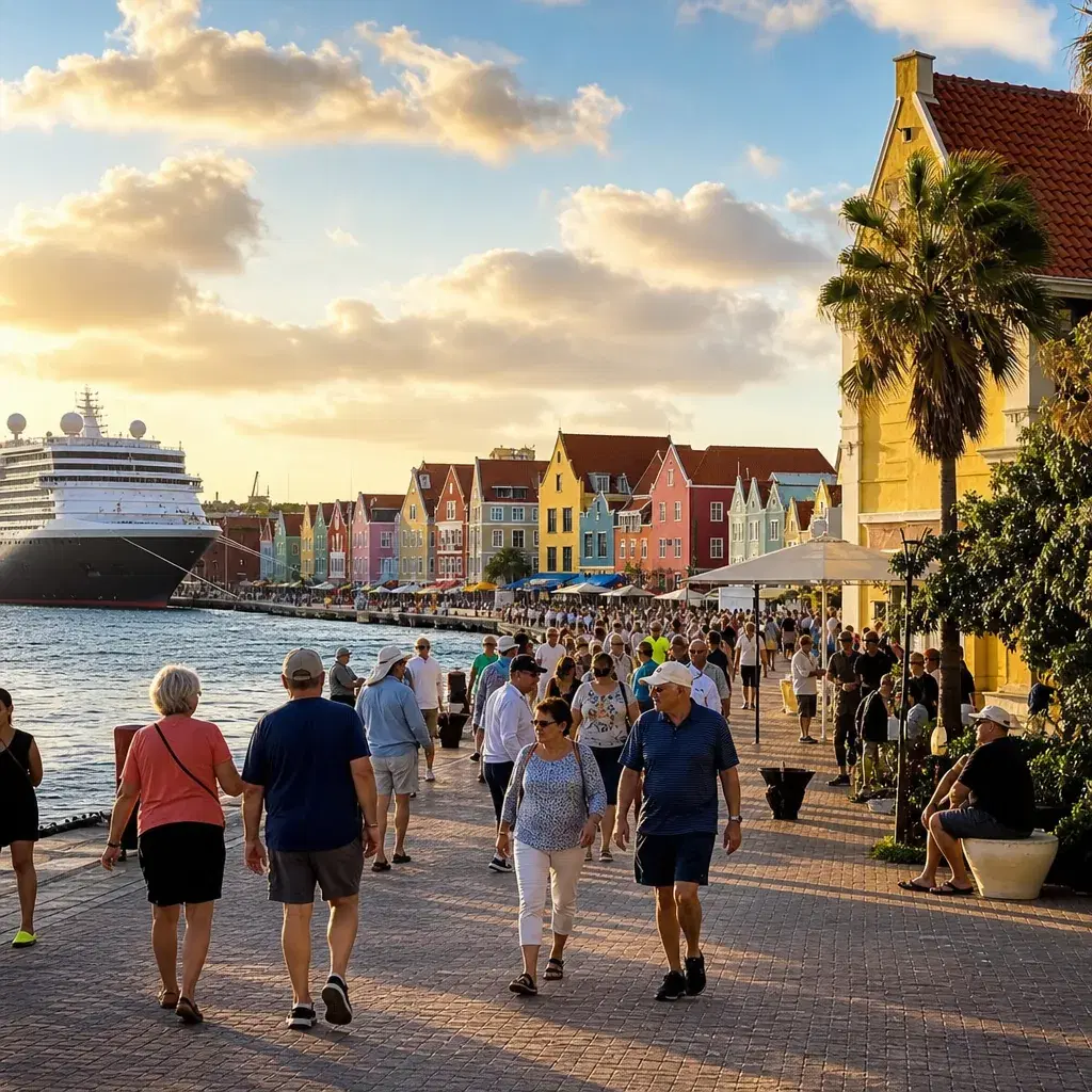 Realistic editorial photo of Curacao cruise port waterfront with visitors, local streets, and ship-day energy, warm natu