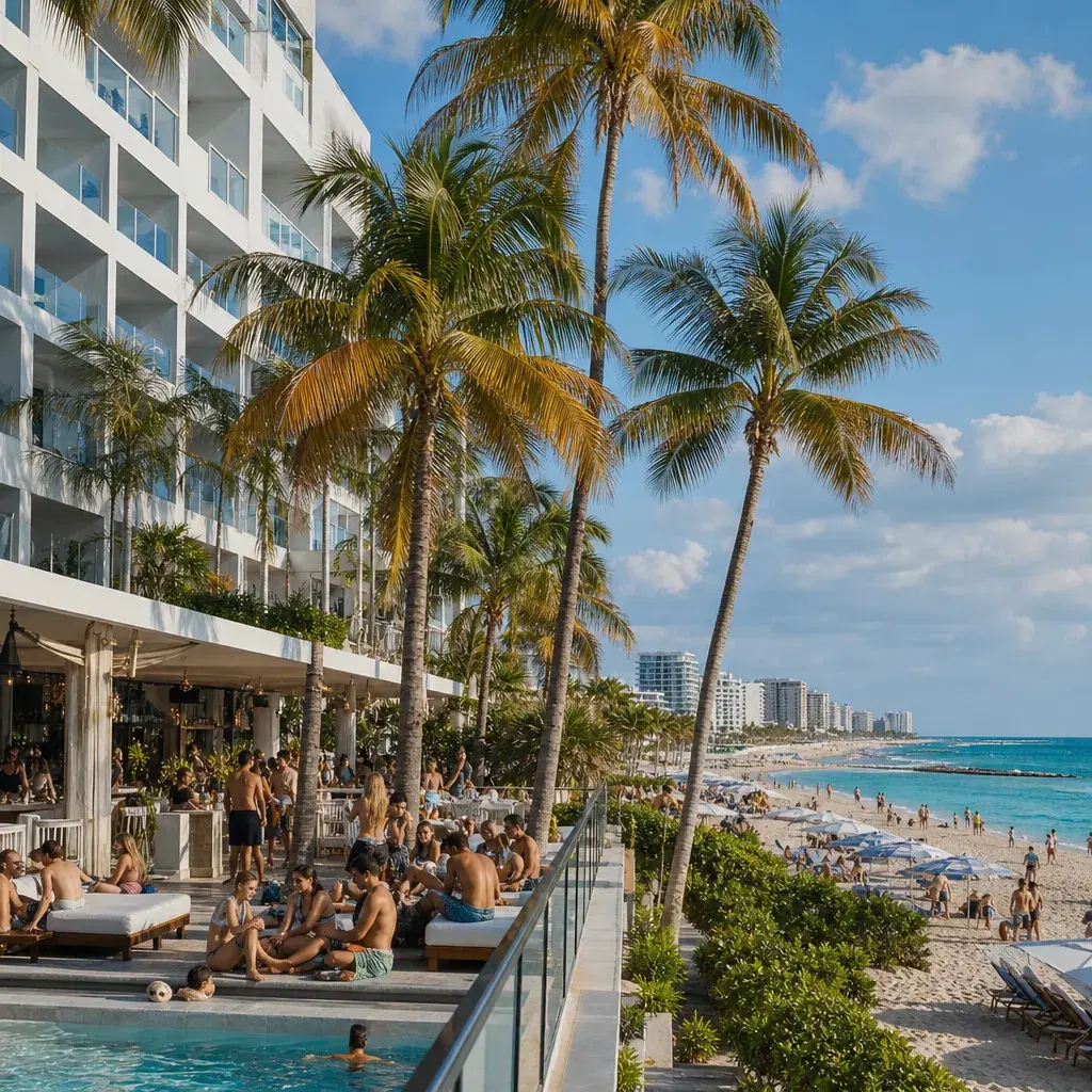 Realistic editorial photo of Florida beach vacation scene showing party hotel for a sleep trip, bright coastal setting, 