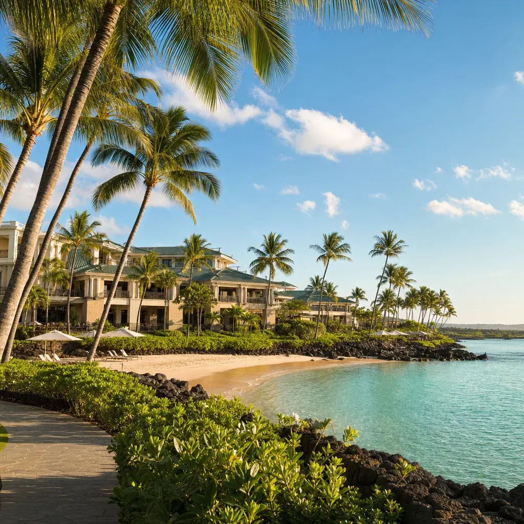 Realistic editorial photo of Hawaii resort scene showing waikoloa without accepting the lava landscape, tropical beach s