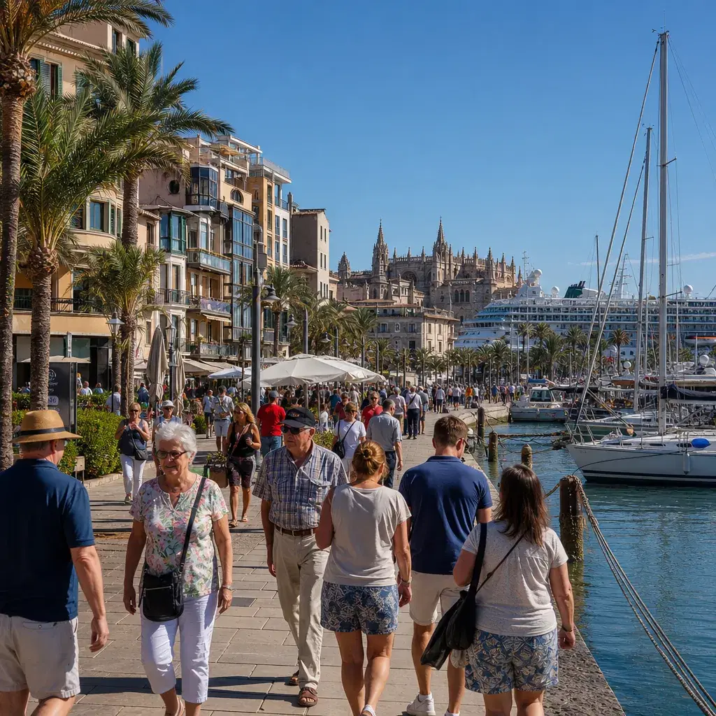 Realistic editorial photo of Palma De Mallorca, Spain cruise port waterfront with visitors, local streets, and ship-day
