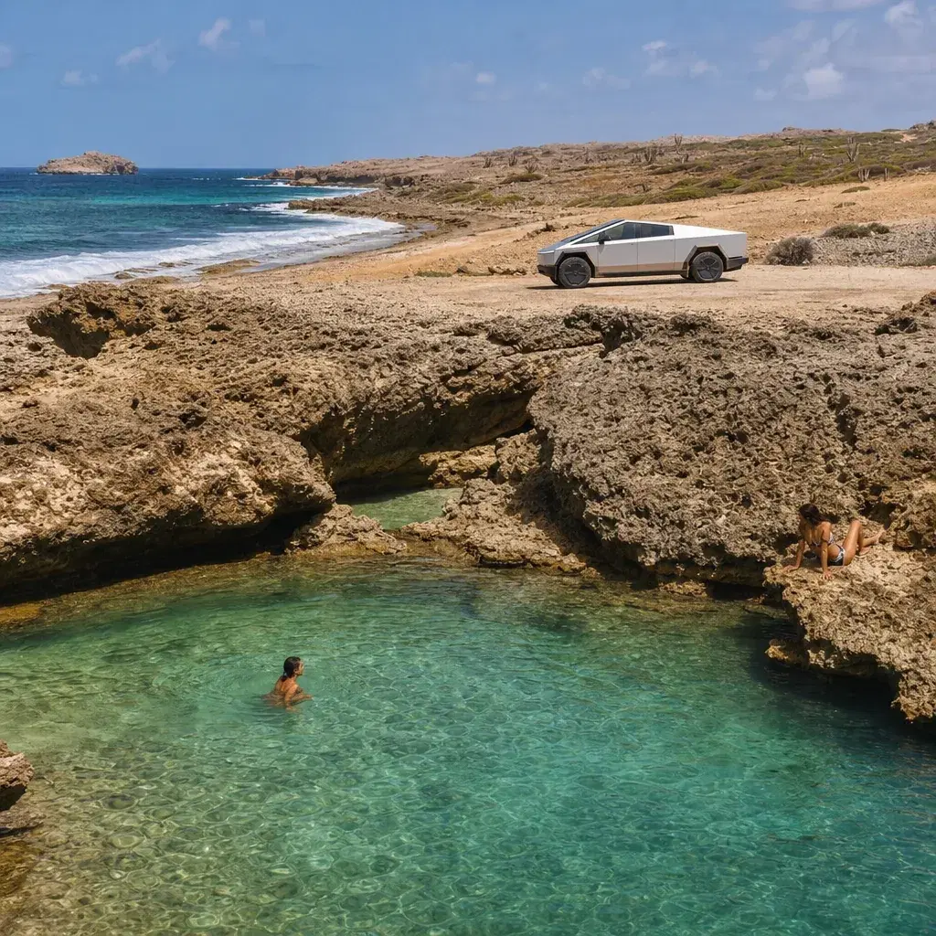 Realistic editorial photo of Aruba beach scene showing to natural pool in the wrong vehicle, dry island light and turquo