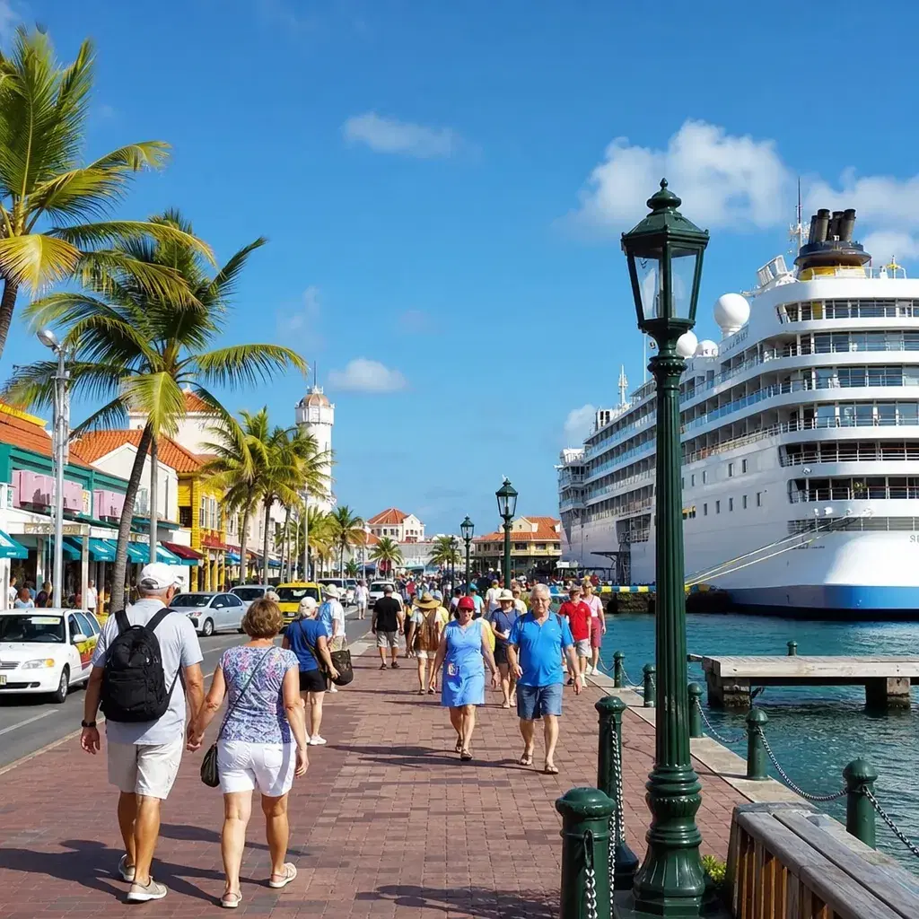 Realistic editorial photo of Aruba cruise port waterfront with visitors, local streets, and ship-day energy, warm natura