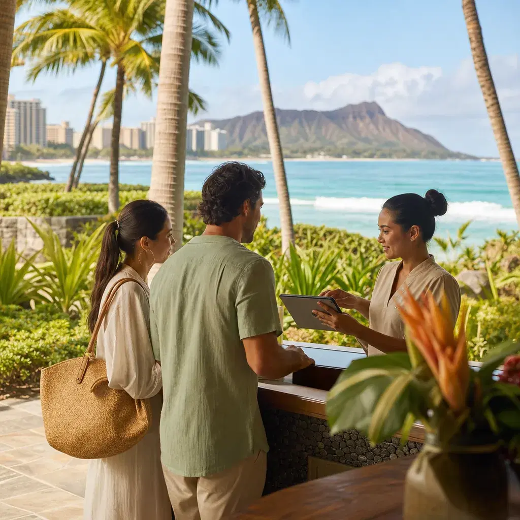 Realistic editorial photo of Hawaii resort scene showing reservations for popular parks, tropical beach setting, warm na