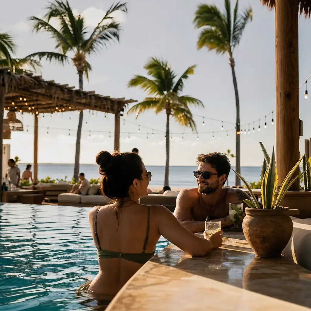 Realistic editorial photo of Mexico resort scene showing party resort for a couple's reset, beach resort setting, warm n