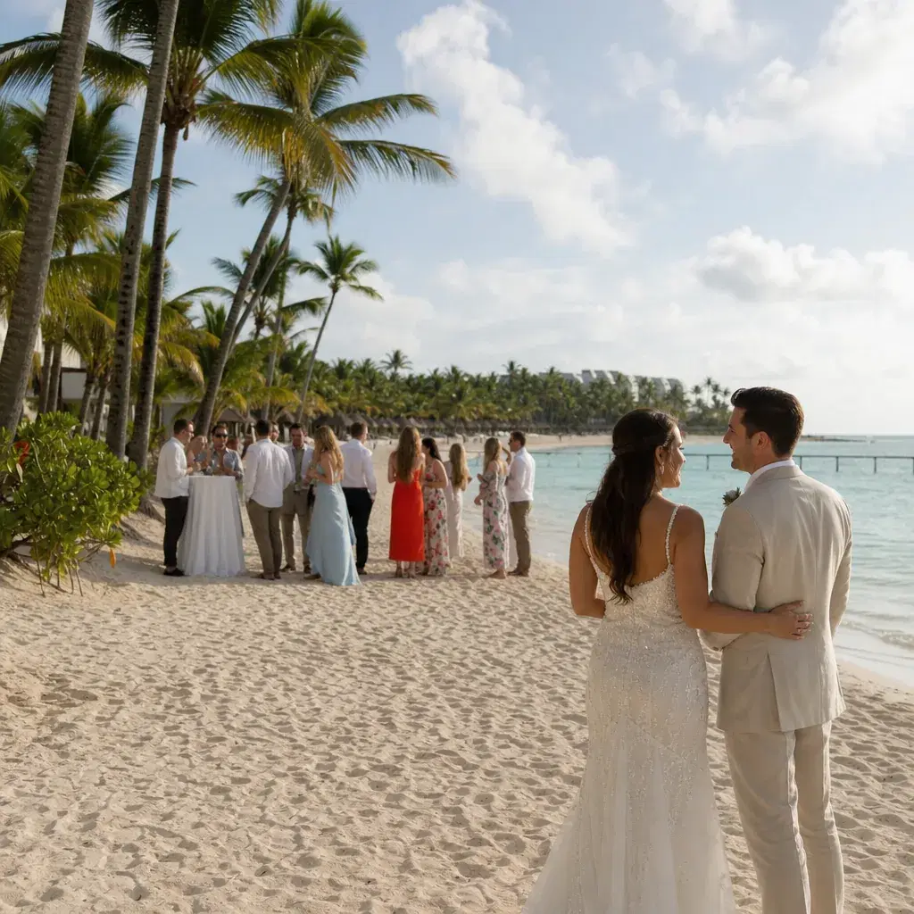 Realistic editorial photo of Punta Cana all-inclusive resort scene showing honeymoon resort with wedding groups every da