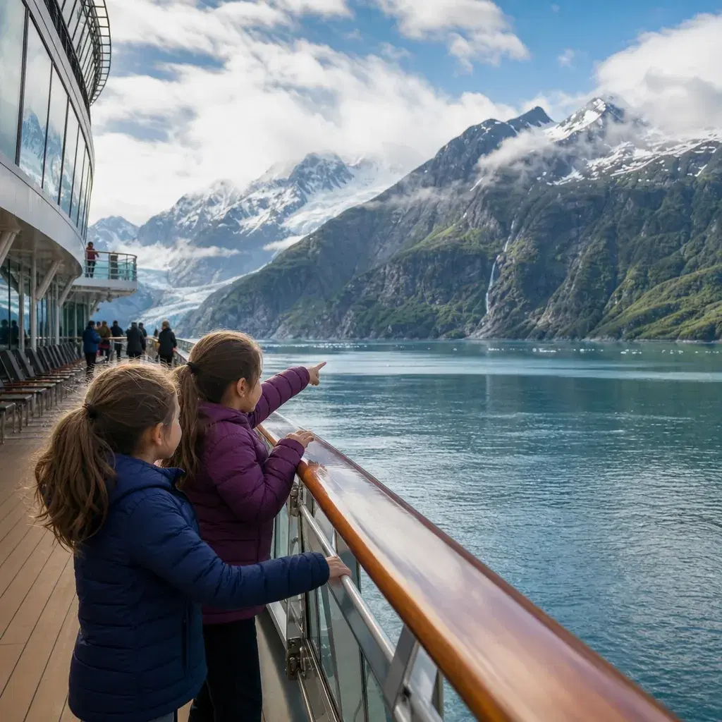 Realistic editorial photo of Alaska cruise scene showing kids will love scenery all day, misty mountains and ship detail