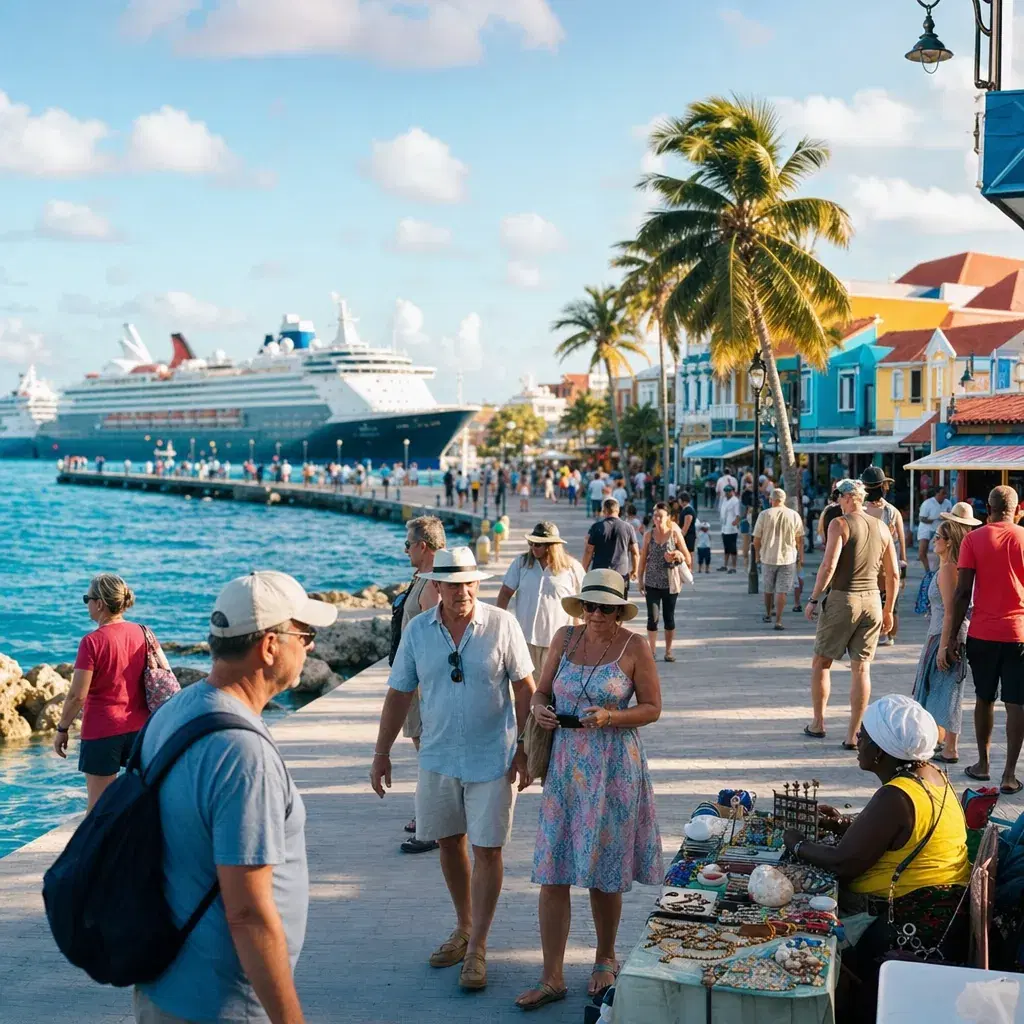 Realistic editorial photo of Bonaire cruise port waterfront with visitors, local streets, and ship-day energy, warm natu