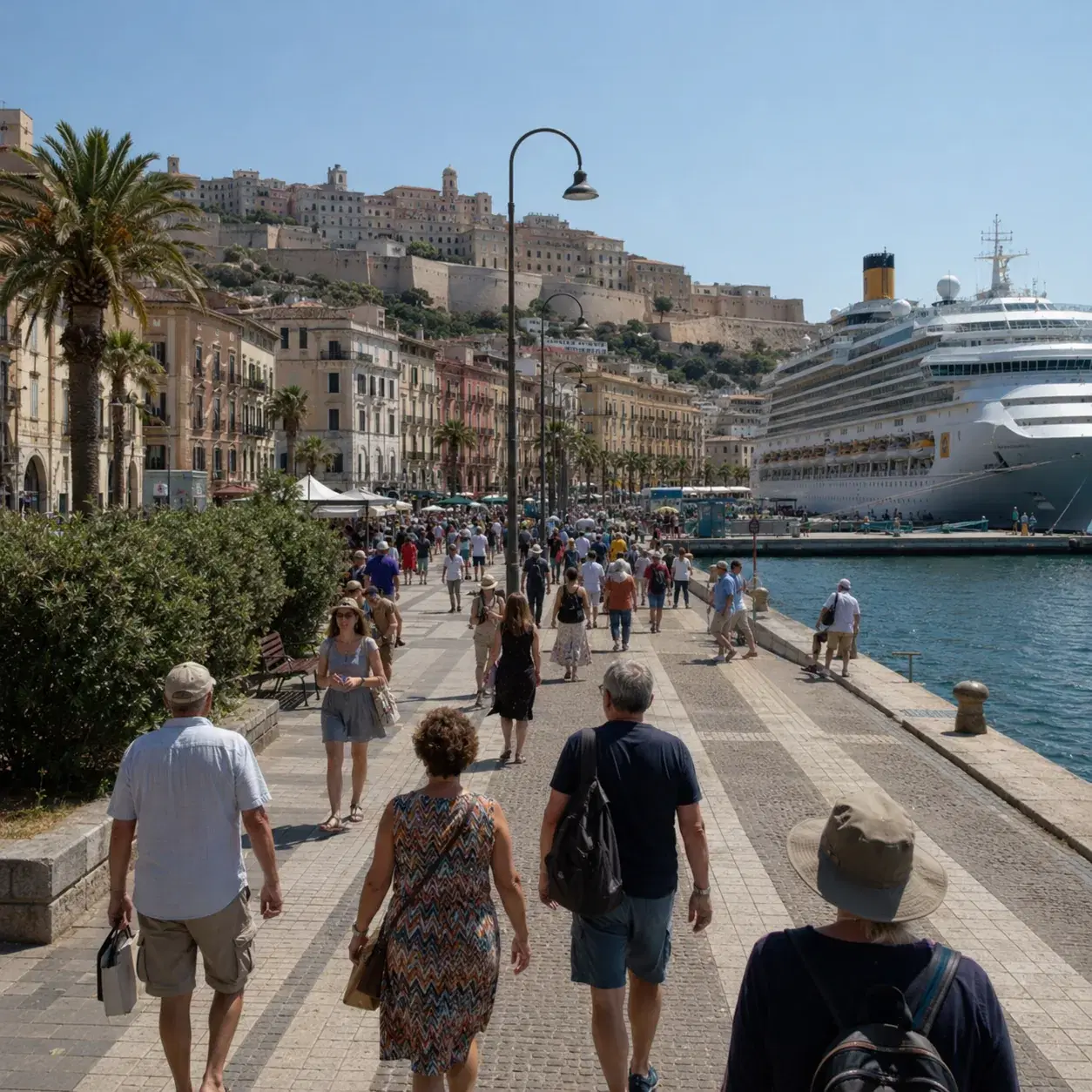 Realistic editorial photo of Cagliari, Sardinia cruise port waterfront with visitors, local streets, and ship-day energy