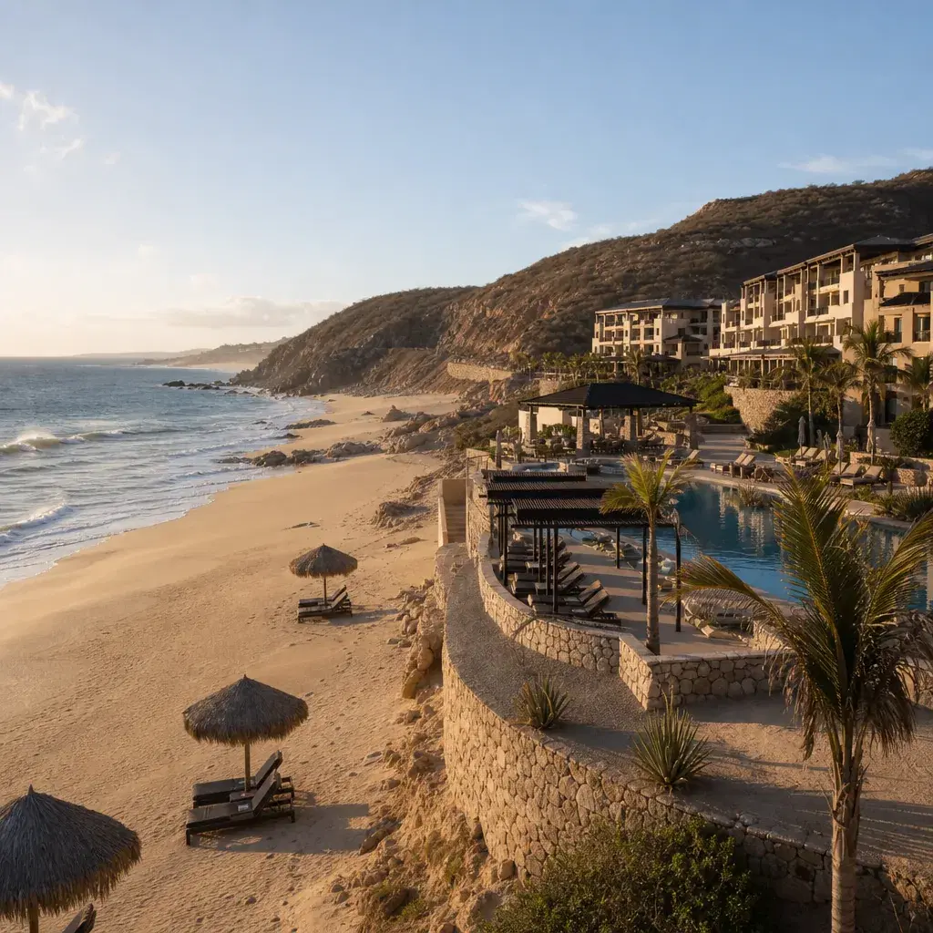 Realistic editorial photo of Mexico resort scene showing quiet resort with no walkable food nearby, beach resort setting