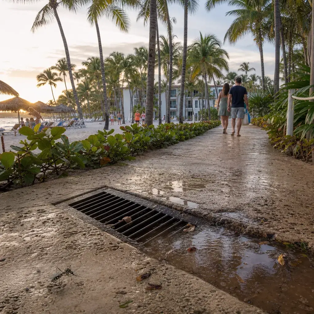 Realistic editorial photo of Punta Cana all-inclusive resort scene showing mosquito and drainage complaints, palms and r